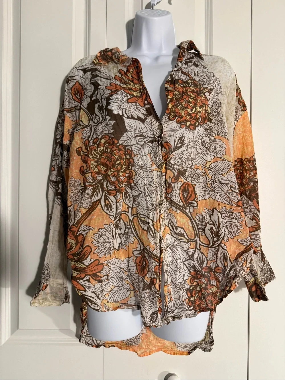 Floral Button-Front Boho Blouse in Orange, Brown & Cream